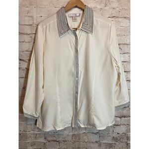 NEXX Silk Top Womens XL Ivory Button Up Embroidered Collar Lightweight Blouse